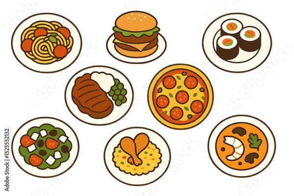 Fototapeta The vector illustration presents a top view of assorted cooked dishes on plates, highlighting the theme of food service and cooking, with a compilation of icons representing traditional cuisine from