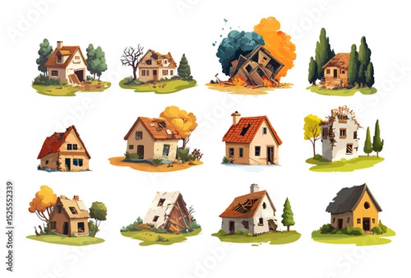 Obraz Earthquake destroyed houses cartoon vector set. Cracked walls rubble broken roofs dust clouds debris damage collapsed buildings, disaster zone urban destruction natural catastrophe wreckage piles