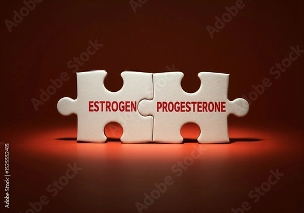 Obraz Hormonal balance concept with estrogen and progesterone represented as interlocking white puzzle pieces on a red background under soft spotlight