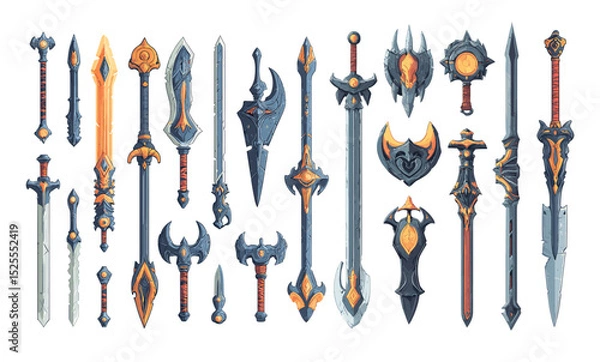 Obraz Enchanted swords cartoon vector set. Blades fantasy weapons magical runes ancient artifacts heroic legends mystical energy legendary craftsmanship elven steel dragon forged divine power isolated