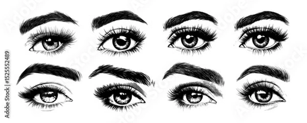 Obraz Expressive female eye black ink sketch vector set. Eyelashes arched eyebrow intense gaze emotional look makeup beauty feminine charm soulful depth brow hairs romantic mood human connection