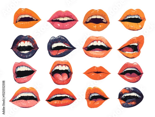 Obraz Expressive mouths lips cartoon vector set. Emotional sensual curves lipstick biting lower lip glossy shine open smile whispering secrets humanity teeth passionate illustrations isolated on white