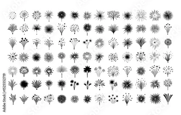 Obraz Fireworks explosions night sky black vector set. Celebrations sparkling lights festive atmosphere sparks new year dazzling pyrotechnic bursting rockets glittering trails illustrations isolated