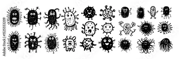 Obraz Germs funny microbes black ink vector set. Bacteria viruses pathogens cute microorganisms comic science humor health pandemic kawaii sickness silly faces anthropomorphic isolated