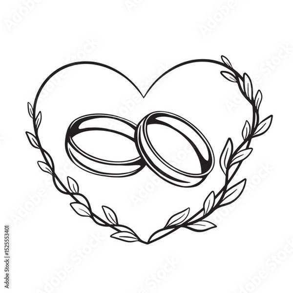 Obraz Minimalist illustration of heart shape with two intertwined wedding rings framed by elegant leafy branches. Perfect symbol of everlasting love, marriage, wedding invitation, union and meaningful conne