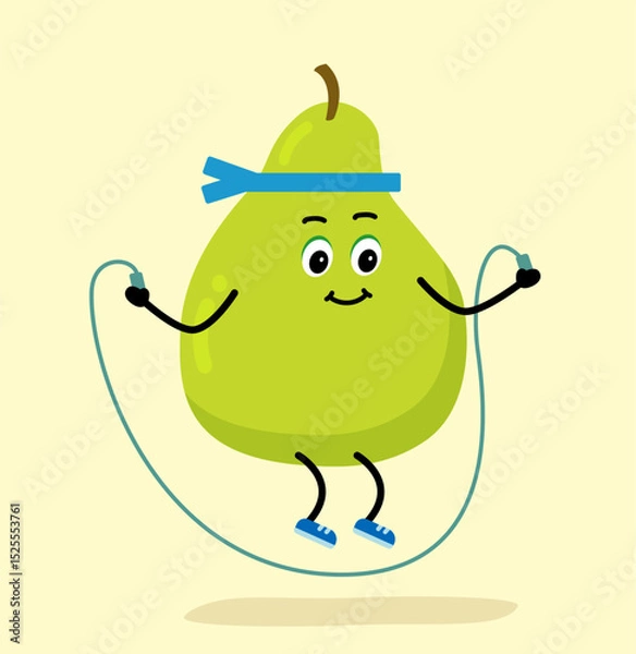 Obraz Jump Rope, Cute pear. The concept of gym, health, fitness, yoga and meditation with pear from the cartoon. Vector illustration.