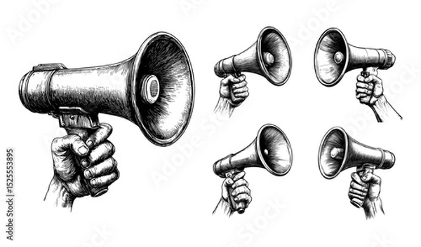 Obraz Hand holding megaphone loud announcement engraving vector set. Protest symbol activist tool communication device rally call public speech shouting message crowd amplifier political demonstration