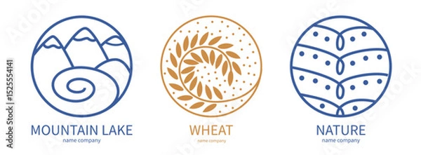 Obraz logo landscape with mountains and sun in circle. mountains for a travel, health and hike. Linear icon of grains of wheat or  grain crops.  