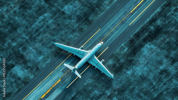 Obraz Top view of an airplane isolated on a blue road background
