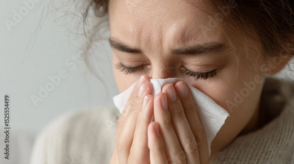 Obraz Woman with a cold blowing her nose into a tissue.