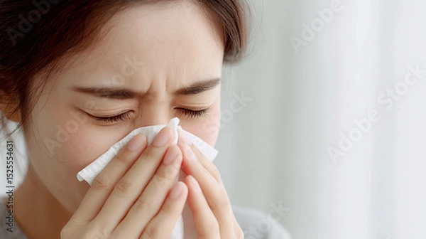 Obraz Woman Sneezing into a Tissue Indicating Cold or Allergies.
