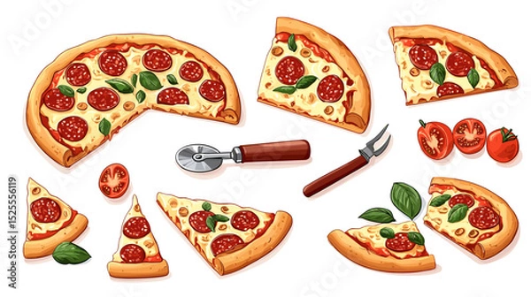 Fototapeta A flat vector cartoon pizza set showing pepperoni slice cheese wheel pizza cutter and tomato basil garnish on white background no shading no gradients