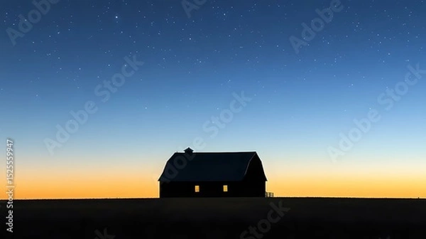 Obraz A barn silhouette in the middle of a wide night field under clear sky with stars and distant horizon light