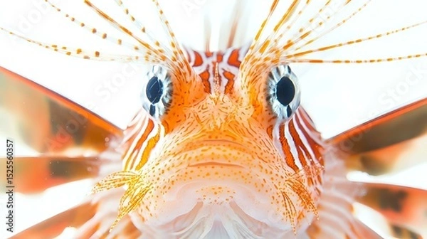 Obraz Highly focused macro of a lionfish face with long spines, eye detail and fin texture, isolated on a bright white background