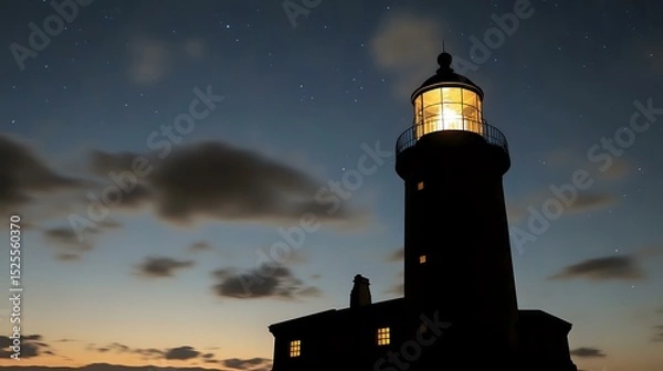 Obraz Lighthouse silhouette with large beacon structure beneath a soft clouded night sky and subtle starlight