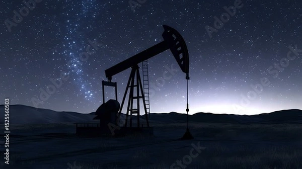 Obraz Oil pumpjack silhouette operating in a quiet desert field under a peaceful starry night with backlighting