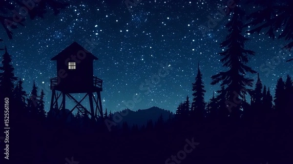Obraz Watchtower silhouette deep in a forest under a star-studded night sky with visible moonlight