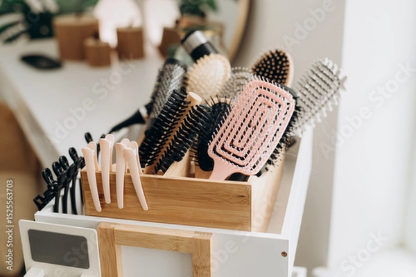 Fototapeta Wicker basket with scalp massage brushes arranged in spa salon head care setting