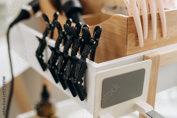 Fototapeta Close‑up of hair claw and sectioning clips used in spa scalp treatment session