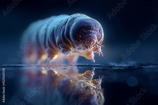 Obraz Highly Detailed Macro Image of a Tardigrade Crawling Across a Reflective Surface, Showcasing Its Translucent Body, Tiny Limbs, and Resilient Structure in an Ethereal Blue Light Environment