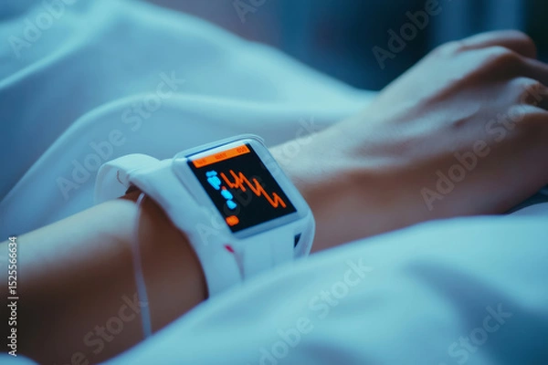 Fototapeta Close up of a wearable device displaying vital signs on the wrist of a patient resting in a hospital bed