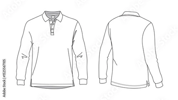 Fototapeta Polo T-shirt vector line drawing template set mockup isolated on white background. Flat technical drawing template. Unisex T-Shirt illustration front, Side and back view. Polo T-shirt Mockup.