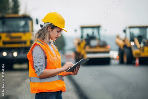 Fototapeta Civil engineer working on a tablet beside road rollers, overseeing essential road construction activities and ensuring project efficiency