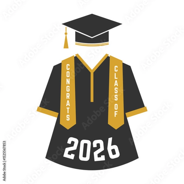 Fototapeta Vector Class of 2026 badge. Concept for shirt, print, seal, overlay or stamp, greeting, invitation card. Typography design- stock vector. Graduation design with graduation Cap and congrats gown