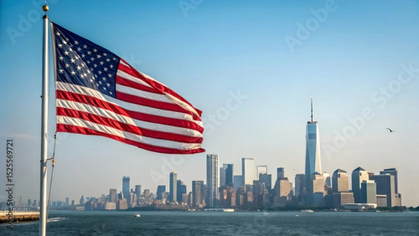 Obraz American flag waving in front of the new york city skyline