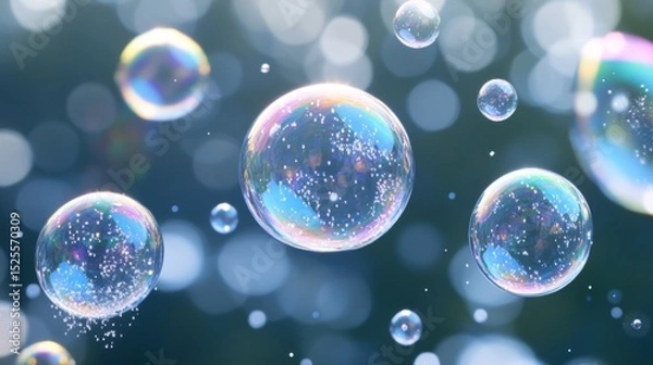 Fototapeta A series of colorful bubbles floating in the air. The bubbles are of different sizes and colors, creating a sense of movement and playfulness. The image evokes a feeling of joy and lightheartedness
