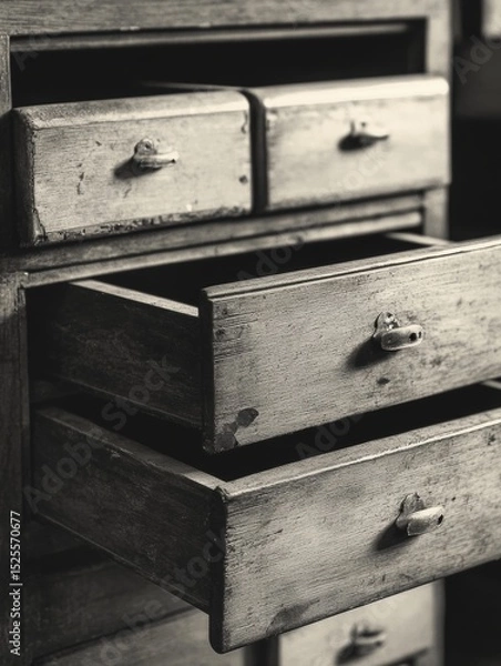 Obraz Vintage metal and wood storage cabinet with four drawers.