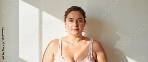 Fototapeta Confident plus size woman posing in minimalist setting, self-acceptance