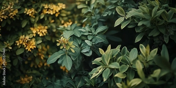Obraz A vibrant garden path with lush green plants and overgrown foliage, leading into the wilderness.