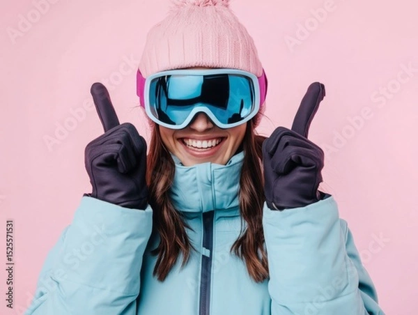 Obraz A happy young woman wearing a ski outfit and posing with her hands up, showing enthusiasm for winter sports.