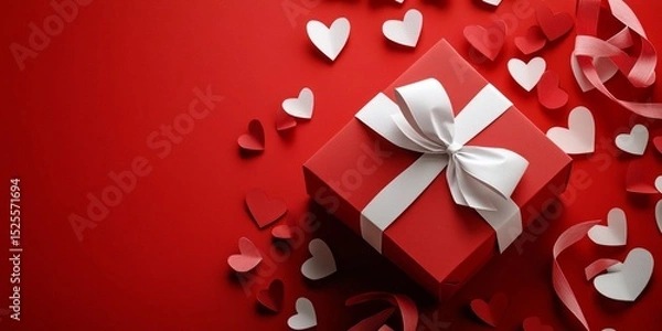 Obraz Red gift box with hearts and ribbon.