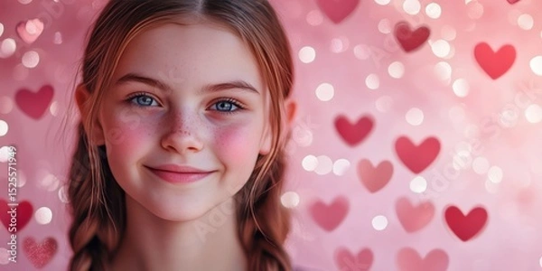 Obraz A young girl smiling at the camera with heart-shaped paint on her face. She has blonde hair and is wearing a white top.
