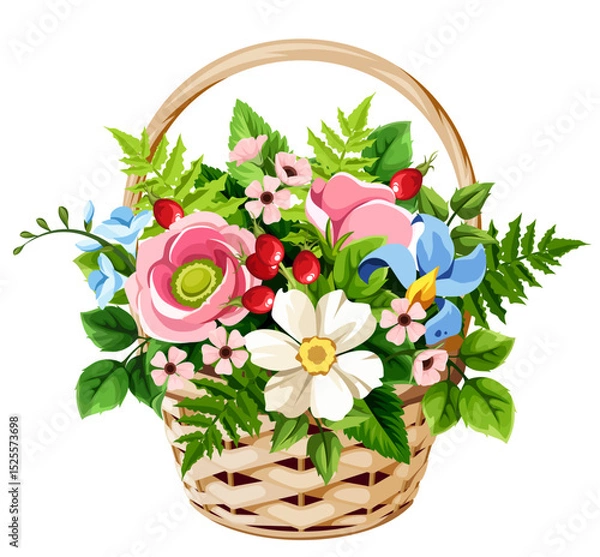 Obraz Pink, white, and blue flowers and green leaves in a basket. Colorful wild flowers bouquet isolated on a whtie background. Vector illustration