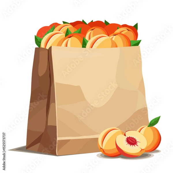 Fototapeta Paper bag full of healthy and juicy red peaches isolated on white background. Vector fruit illustration in flat style. Summer clipart for diet design, healthy lifestyle, nutrition
