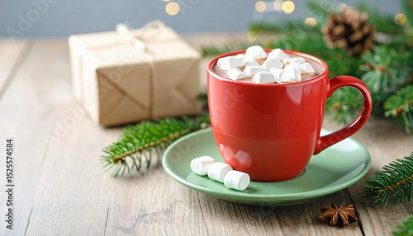 Obraz Red cup of hot chocolate with marshmallows, gift and Christmas tree branches celebrating Christmas time
