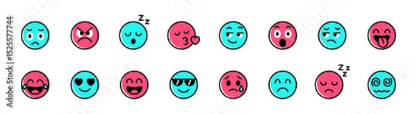 Fototapeta cartoon emoji set , facial expressions , teal and pink faces with emotions like sad, angry, sleepy, love, surprise, happy, cool, crying, and dizzy emoticons. for chat apps, stickers and social media