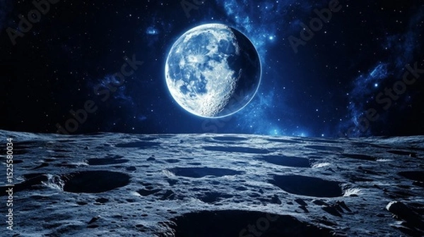 Obraz A dramatic view of a full moon above the lunar landscape at night.