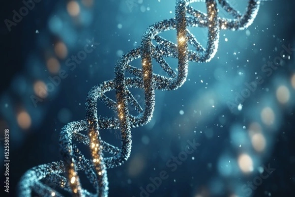 Obraz Close up of a metallic DNA double helix model with crystalline detail, on a dark background highlighted by shining particles.