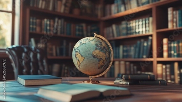 Fototapeta The image features a study scene in a library, with various books and a globe for geographical reference.