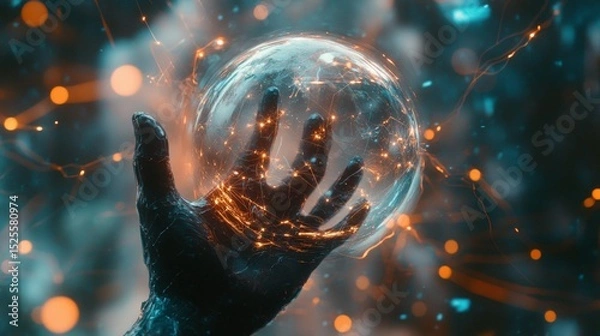 Obraz Fantasy magic, glowing spherical energy, hands reaching towards a nexus of power and cosmic energy.