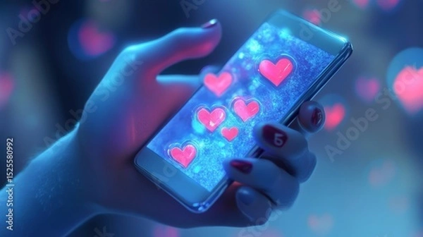 Obraz Hand holding lit up smartphone with hearts on the lock screen.