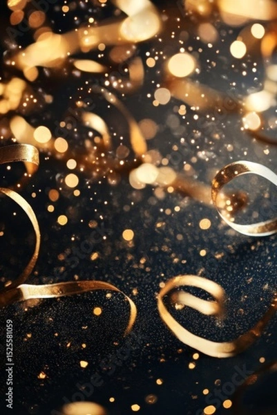 Obraz Close-up of shimmering gold confetti, with sparkling streamers in the background, evoking a festive and joyous atmosphere.