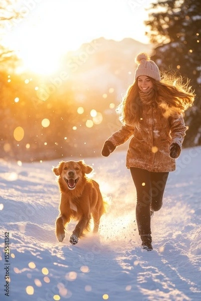 Obraz A woman running through snowy mountains with her dog, enjoying the winter scenery and snowfall.