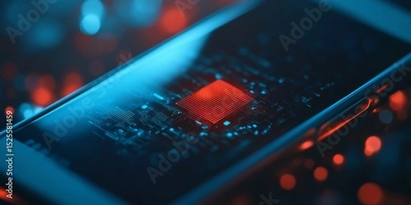 Fototapeta High-tech electronic device close-up showing red light among circuit patterns