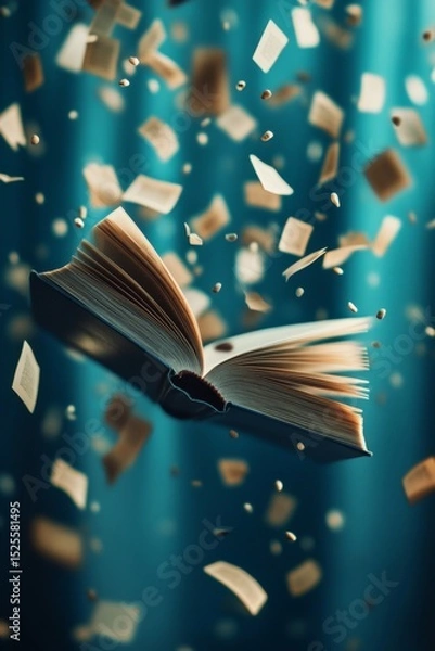 Obraz A floating book with pages scattered around.
