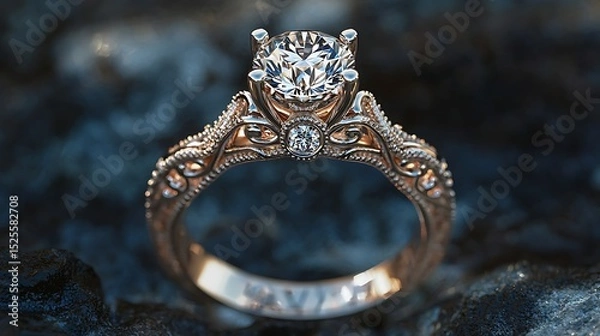 Obraz A stunning engagement ring with a diamond centerpiece and intricate band details